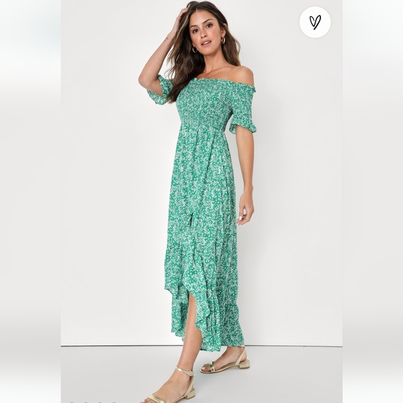 Lulus Fleur-tation Green floral print off-the-shoulder midi dress - Picture 2 of 6